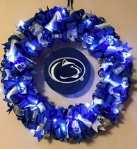 LED Penn State Inspired Custom Loopy Ribbon Wreath WITH LIGHTS - £55.82 GBP