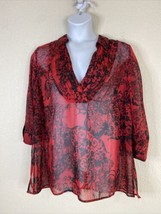 Catherines Womens Plus Size 0X Sheer Red Floral V-neck Blouse 3/4 Sleeve - £10.23 GBP