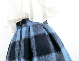 Winter Blue Plaid Midi Skirt Outfit Women Plus Size Woolen Midi Party Skirt image 5