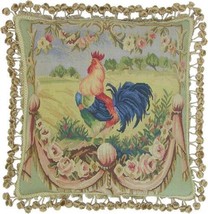 Aubusson Throw Pillow Square 20x20 Cockerel Left, Flowers, Handwoven Wool - £247.00 GBP