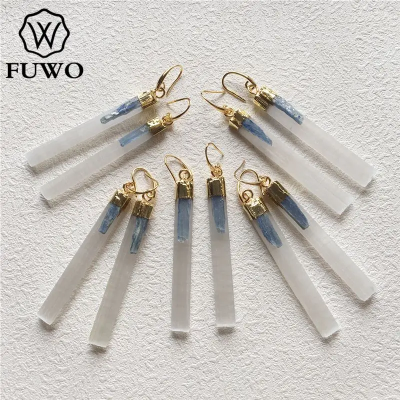 Trendy Women Natural Selenite With Blue Kyanite Stone Charm Earrings Jewelry For - £56.07 GBP