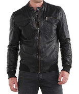 Mens Leather Jacket Stylish SlimFit Genuine Lambskin Motorcycle Bomber B... - $117.50