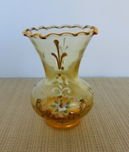 Lovely vintage amber tone glass hand painted moriage bud vase - £9.50 GBP