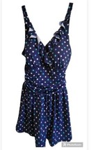 Denim &amp; Co.  Sz 12 Beach Ruffle Neck Skirted Swim Dress Suit Blue Dots NWOT - £38.22 GBP