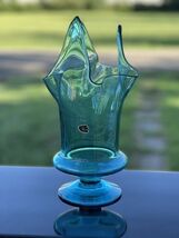 Bischoff Stretch Glass Vase Blue Pedestal Footed 12&quot; Handkerchief Vintag... - $70.75