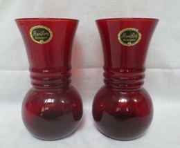 2 Vtg Anchor Hocking Royal Ruby Red Tapered Ribbed  Vases - 6 1/2&quot; Stickers - £15.67 GBP