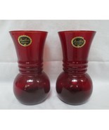 2 Vtg Anchor Hocking Royal Ruby Red Tapered Ribbed  Vases - 6 1/2&quot; Stickers - £15.95 GBP