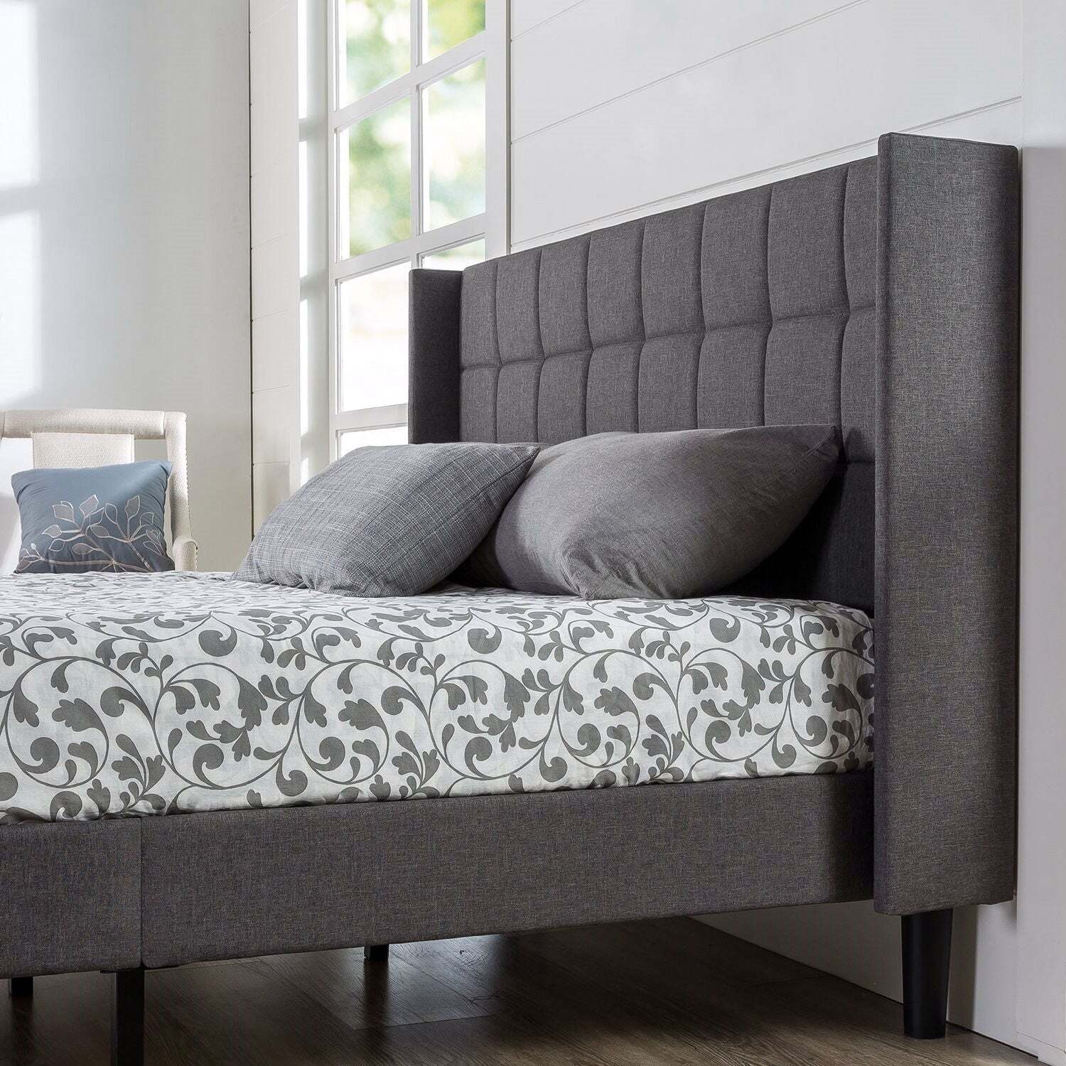 Queen Size Grey Wingback Upholstered Platform Bed Item image 2