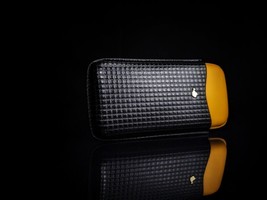 Yellow and Black  Leather &amp; Wood Cigar Carrying Case NIB - $95.00
