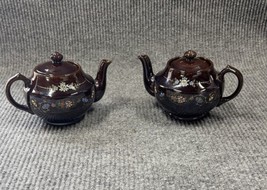 Redware Teapots Dark Brown HandPainted  Moriage Enamel Floral Japan Set Of 2 VTG - £34.85 GBP