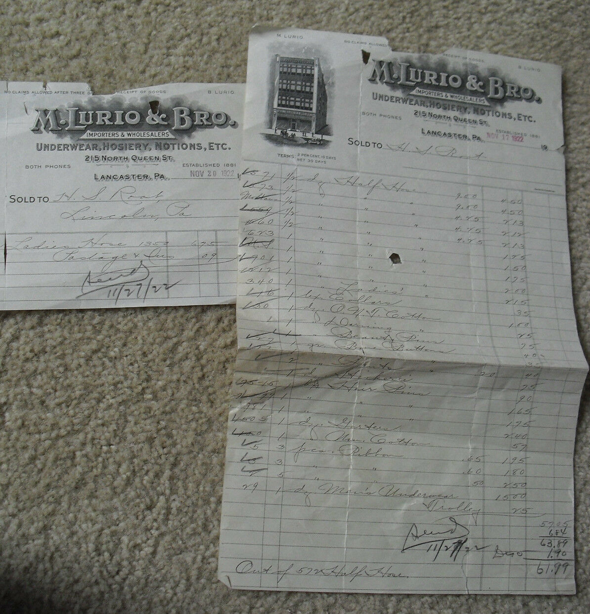 Lot of 2 Vintage 1922 M Lurio &amp; Bro Lancaster PA Billheads Receipts - $16.83