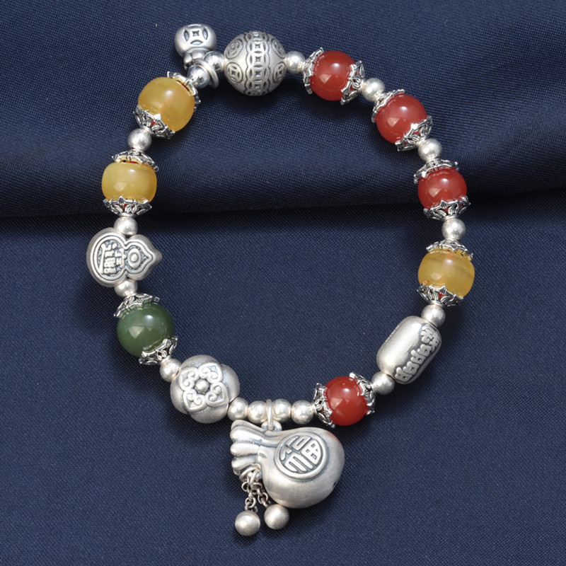 Primary image for Colorful Agate Beaded With Sterling Silver Lucky FU Charm Bracelet,Gift For Her