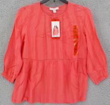 Fever Top Womens Sz M Coral Textured Stripes 3/4 Sleeve Blouse Open Weave Shirt - $12.99