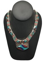 Ethnic Tribal Nepalese Lapis, Green Turquoise &amp; Red Coral Inlay Necklace,E317 - £34.74 GBP