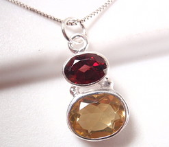 Faceted Citrine and Garnet 2-Gem 925 Sterling Silver Necklace Corona Sun Jewelry - £19.21 GBP
