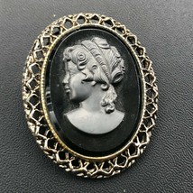Vintage Large Hematite Oval Glass w Carved Dark Gray Plastic Side Profile Cameo  - £9.02 GBP