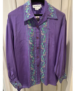 DIANE VON FURSTENBERG Silk Blouse Button Down Long Sleeve Purple Embroid... - £29.11 GBP