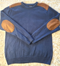 Mens Size XL Chaps Crew Neck Blue Winter Sweater w Faux Suede Elbows - £8.92 GBP