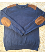 Mens Size XL Chaps Crew Neck Blue Winter Sweater w Faux Suede Elbows - £8.84 GBP