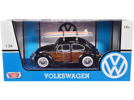 1966 Volkswagen Beetle Black with Wood Panels and Two Surfboards on Roof Rack 1/ - £36.59 GBP