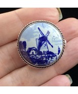 Vintage Dutch Delft Blue Ceramic Windmill Pin Sterling Silver Holland Br... - £31.56 GBP