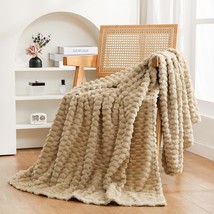 Beige Throw Blanket 50&quot;×60&quot; Inches Fuzzy 3D Jacquard Decorative Flannel, Khaki - $44.99