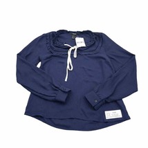 Forever 21 Womens Shirt S Navy Blue Long Sleeve Vneck Ruffle Pull Over - £20.15 GBP