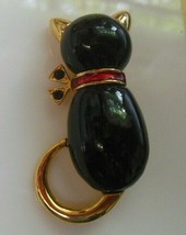 Vintage Signed  AK &quot;Anne Klein&quot; Gold-tone Black Cat Brooch W/Red Rhinestones - £17.39 GBP