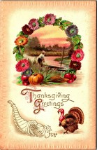 Wreath Cornucopia Turkey Thanksgiving Greetings Embossed 1910 DB Postcard - £3.92 GBP