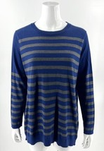 Ann Taylor Sweater Sz Large Blue Gray Striped Wool Blend Pullover Side Z... - $29.70