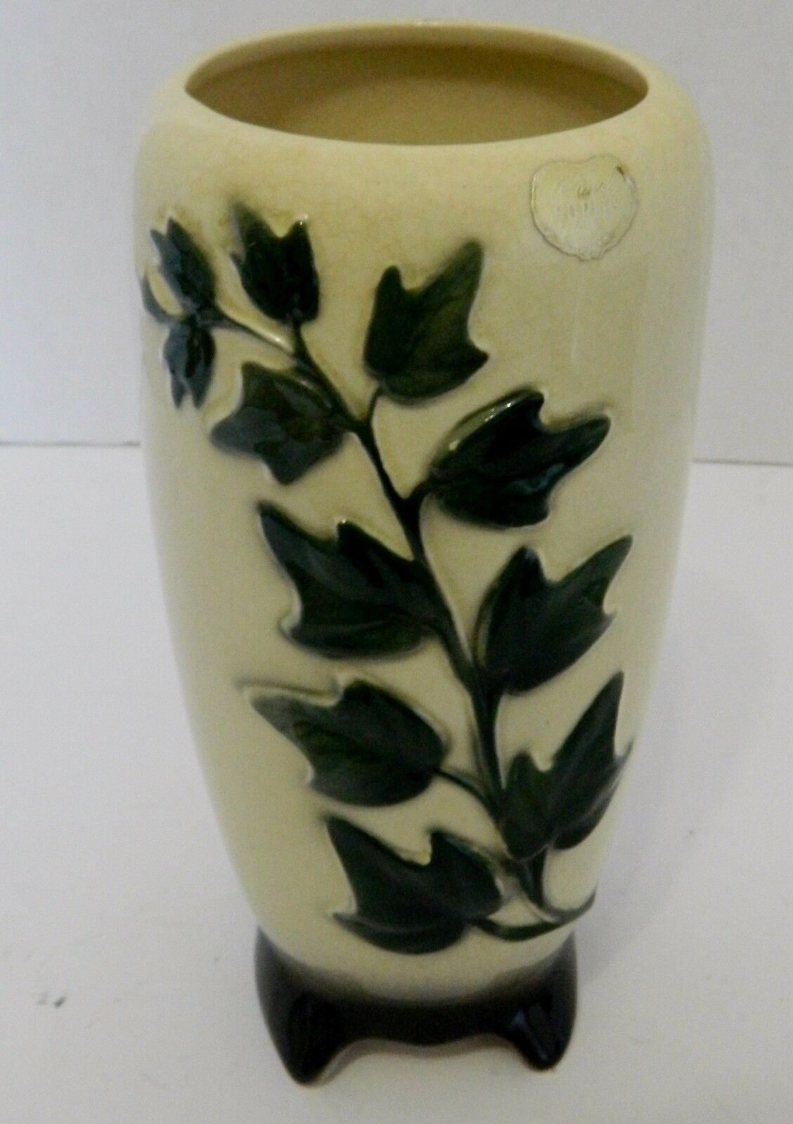 Royal Copley Pottery Vase Green Ivy Pattern Ivory Glaze Original Sticker Crazed - $14.84