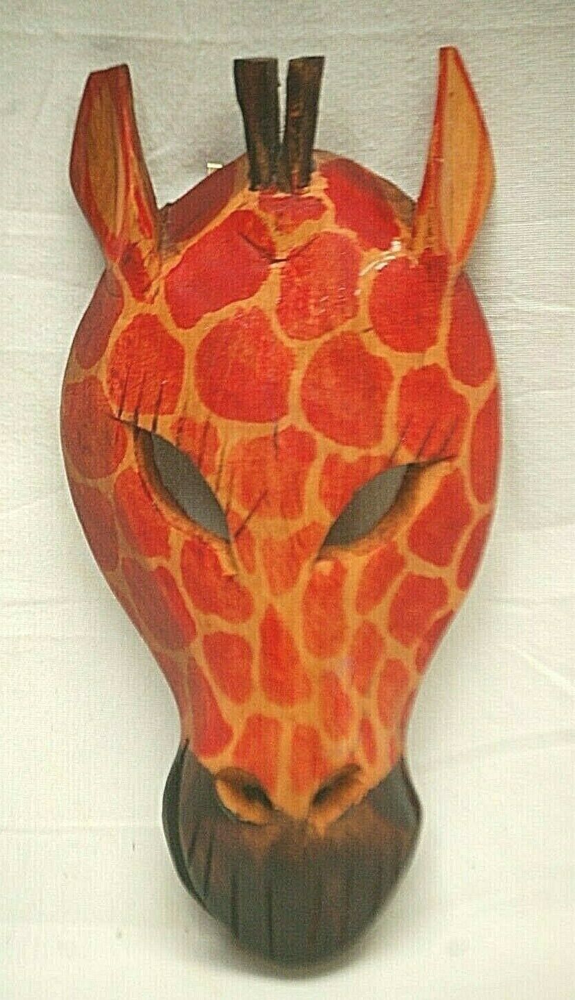 Giraffe Head Mask African Tribal Home Wall Art Hand Carved Wooden Painte... - $21.77