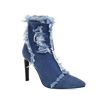 Women Stiletto Heels Jean Boots Woman Thin High Heeled Blue Denim Short Boot Cut - £79.16 GBP