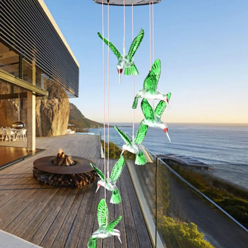 Outdoor Solar Wind Chime Led Hummingbird Hot Air Balloon Wind Chime Garden Home  - £112.93 GBP