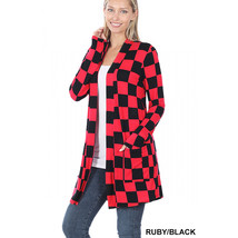 Long Checkered Cardigan Sweater   Duster Topper Slouchy Pockets Ruby Red &amp; Black - $35.00
