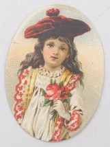 Antique Victorian Trade Card Girl with Red Rose &amp; Large Hat - Egg Shaped  - £7.45 GBP