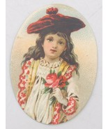 Antique Victorian Trade Card Girl with Red Rose &amp; Large Hat - Egg Shaped  - £7.08 GBP