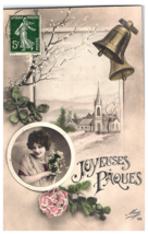 Colorized French Postcard  Joyeuse Pâques Happy Easter Winter Scene Woman 1913 - £7.89 GBP