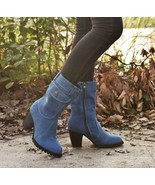 Denim Block Heel Mid Calf Almond Toe Boots Side Zipper And Pocket Size U... - £34.91 GBP