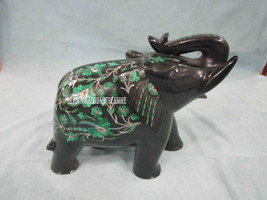6&quot; Black Marble Elephant Statue Malachite Inlay Pietradure Floral Art Home Gifts - £584.41 GBP