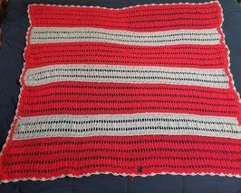 Striped Afghan Handmade Crochet Red Gray Striped Loose Open Stitching 56x60 - $6.93