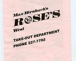 Max Birnbach&#39;s Rose&#39;s West Restaurant 1986 Portland Oregon  - £13.96 GBP