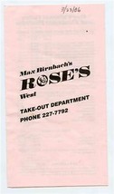 Max Birnbach&#39;s Rose&#39;s West Restaurant 1986 Portland Oregon  - £13.99 GBP