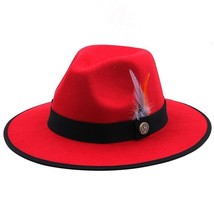 New Men’s Red &amp; Black Fedora Wool Feather Dress Hat (Size 56-58CM) - £24.53 GBP