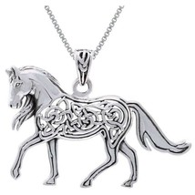 Celtic Knot Horse Pendant Necklace in 14K White Gold Plated 18&quot; Chain Silver - £63.13 GBP