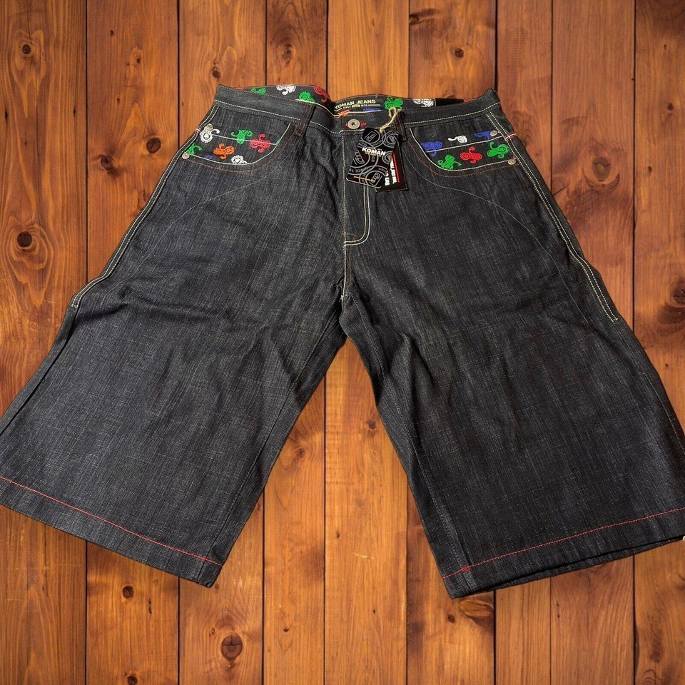 Vtg NWT Sz 38 Koman Denim Black Jeans Shorts Embellished Pockets Y2K Hip... - $41.40
