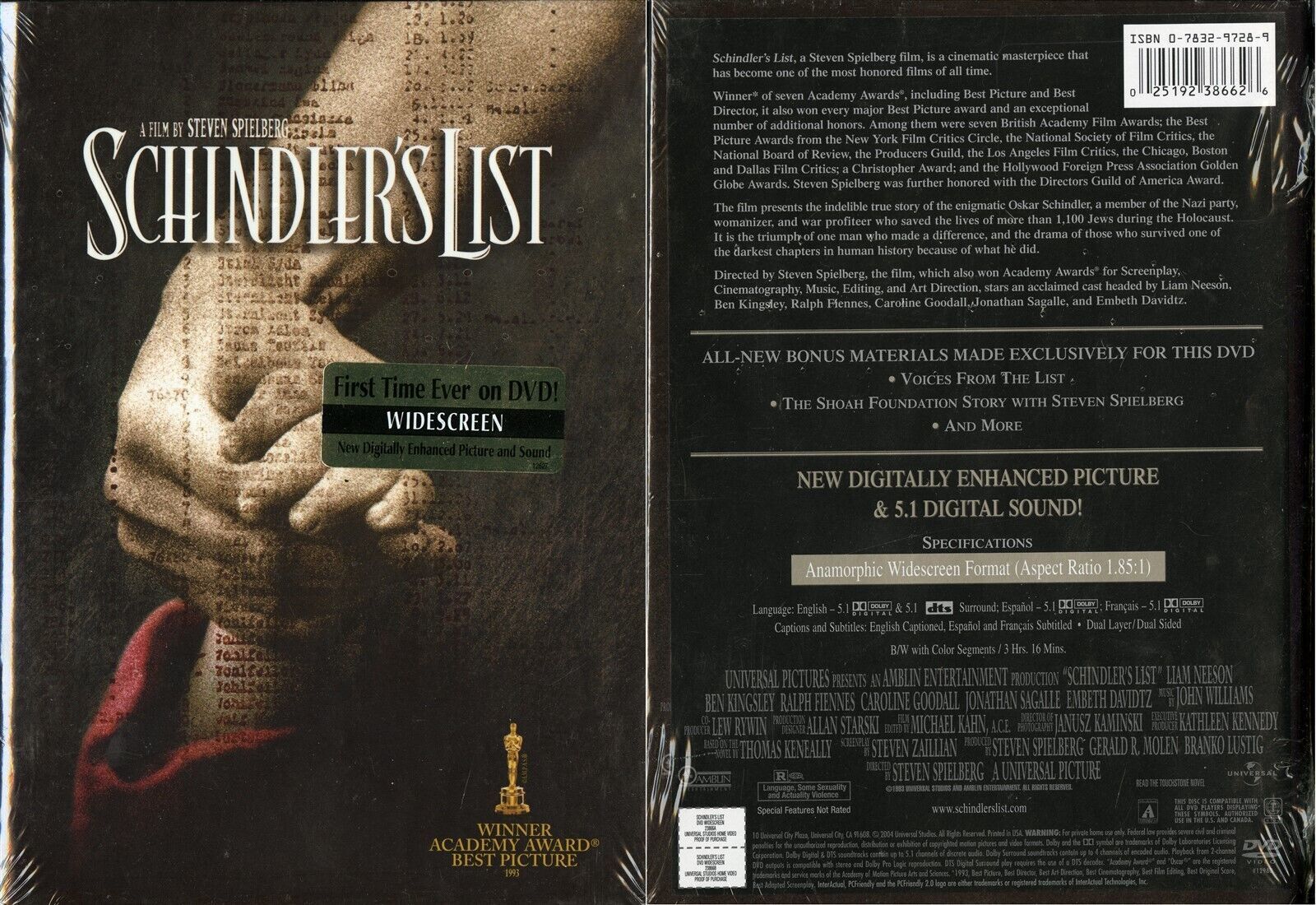 SCHINDLER'S LIST WS DVD DIGIBOOK BEN KINGSLEY RALPH FIENNES UNIVERSAL VIDEO NEW - $9.95