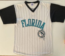 Vintage 1993 MLB Florida Marlins Pinstripe V-Neck T-Shirt Logo 7 Made in USA Med - $22.75