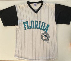 Vintage 1993 MLB Florida Marlins Pinstripe V-Neck T-Shirt Logo 7 Made in USA Med - £18.02 GBP