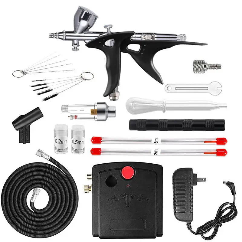 Airbrush with No Auto-Stop Compressor Kit With Black Holder 0.2/0.5mm Needle Noz - £155.53 GBP